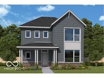 Charming two-story home with gray siding, covered porch, beautiful windows and a well-manicured front lawn at 774 James William Ln, Westfield, IN 46074