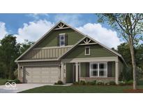 Charming craftsman-style home with green siding, stone accents, covered porch, and attached two-car garage at 2047 Quail W Dr, Danville, IN 46122