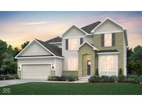 Charming two-story home with beige siding, a brick facade, and a manicured lawn at 7239 Barrett Dr, Brownsburg, IN 46112