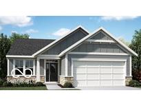 Charming single-story home with a gray exterior, a two-car garage and stone veneer accents at 14928 Garden Mist Pl, Fishers, IN 46037
