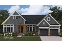 Charming home featuring a dark gray facade, stone accents, and a well-manicured lawn at 963 Apryl Dr, Greenwood, IN 46143