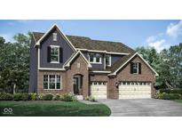 Charming two-story home featuring a brick facade, a two-car garage, and manicured landscaping at 4372 Persian St, Greenwood, IN 46143