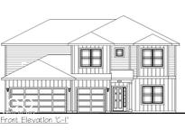 Blueprint drawing of a two-story home with a two-car garage and a classic, symmetrical facade at 5533 Tart Blvd, Indianapolis, IN 46239