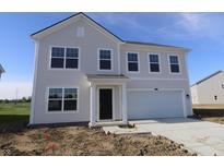 Charming two-story home features a two-car garage and a classic light gray exterior at 7329 Waylon Way, Indianapolis, IN 46239