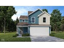 Charming two-story home featuring blue siding, a two-car garage, and a well-manicured lawn at 1105 Lona Dr, Martinsville, IN 46151