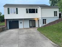 Two-story home with light siding, a dark garage door, and a concrete driveway leading to the side entrance at 249 Spring St, Plainfield, IN 46168
