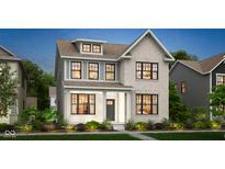New home features brick facade, black framed windows, covered porch, and professionally landscaped front yard at 15344 Cardonia Rd, Fishers, IN 46037