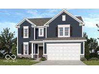 Charming two-story home featuring navy blue siding, a two-car garage, and meticulously maintained landscaping at 354 N Grand Oak Dr, Mooresville, IN 46158