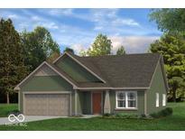 Charming single-story home with an attached garage, green siding and well-maintained landscaping at 469 Hidden Hills Way, Pittsboro, IN 46167