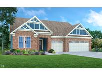 Charming brick home featuring a two-car garage, well-kept lawn and architectural roof with stylish gable windows at 9352 Corbett Dr, McCordsville, IN 46055