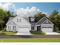 Charming home exterior with stone accents, gray siding, and a two-car garage at 7595 Bluegill Dr, Noblesville, IN 46062