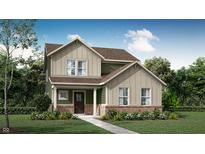 Charming two-story home with a brick foundation, covered porch, manicured lawn, and neutral color palette at 15387 Alperton Rd, Fishers, IN 46037