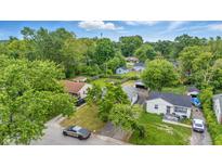 Expansive aerial view of a neighborhood with mature trees and well-maintained homes on a sunny day at 3615 N Dequincy St, Indianapolis, IN 46218