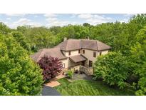Majestic home featuring a brown tile roof surrounded by lush greenery at 9601 Irishmans Run Ln, Zionsville, IN 46077
