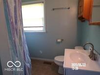 Standard bathroom featuring a single sink, toilet, and bathtub with patterned shower curtain at 26 Crescent Ct, Chesterfield, IN 46017