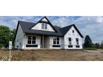 An in-progress new construction home featuring a black roof, large windows, and a welcoming front porch at 1960 Delp Ct, Avon, IN 46123