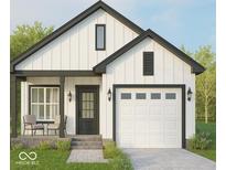 Charming modern farmhouse with white siding, black trim, and a welcoming front porch with chairs at 3226 Keystone Lakes Way, Indianapolis, IN 46237