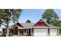 Craftsman-style home featuring a red exterior, stone accents, and a spacious three-car garage at 0 Whitetail Ridge Lot 3, Mooresville, IN 46158