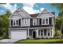 Charming two-story home with gray siding, black shutters, landscaped yard and attached two car garage at 587 Bluestem Ln, New Whiteland, IN 46184