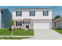 Two-story home with white and gray siding, black shutters, manicured lawn, and two car garage at 848 Holmdale Dr, Indianapolis, IN 46239