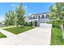Attractive home featuring a long driveway and a lush green lawn, complemented by mature trees at 13844 N Cardonia Dr, Camby, IN 46113