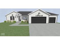 Charming exterior elevation featuring black garage doors and a well-manicured lawn at 1120 Terrace Lake Rd, Columbus, IN 47201