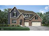 Two-story home with brick and siding, showcasing a two-car garage and manicured front lawn at 3005 Grand Ridge Dr, Greenwood, IN 46143