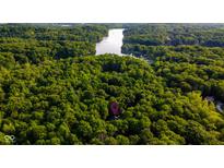 An aerial view of a wooded property with a nearby lake, showcasing its secluded location at 2034 Dynasty Ridge Rd, Martinsville, IN 46151
