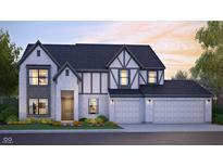 New two-story home design with brick, three-car garage, black roof, flower bed, and manicured lawn at 3638 Sycamore Bend N Way, Columbus, IN 47203