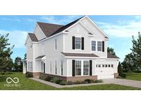 Charming two-story home showcasing white siding, black shutters, and a well-manicured lawn at 16067 Meadow Frost Ct, Fishers, IN 46037