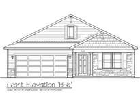 New home front elevation with stone accents, modern garage door, and covered entryway at 6736 Rawlings Ln, Indianapolis, IN 46221