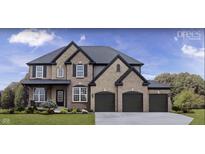 Beautiful two-story brick and stone home with a three-car garage and black shutters at 1452 E Greyhound E Pass, Carmel, IN 46032