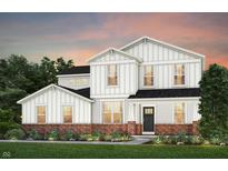 New construction home featuring a modern farmhouse exterior design with brick and a well-manicured front yard at 16474 Mount Logan Rd, Noblesville, IN 46060