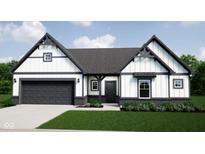 Charming home with black and white exterior, a well-manicured lawn, and an attached two-car garage at 10319 Little Island Dr, Indianapolis, IN 46239