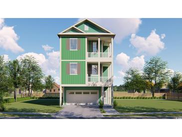 Charming new construction three-story home boasts dual balconies, garage and landscaped front yard at 1207 Salt Windy Way, North Myrtle Beach, SC 29582