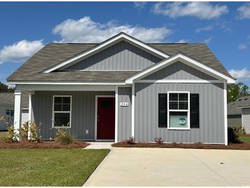 Charming single-story home featuring gray siding, a red front door, and a well-manicured lawn at 204 Cambridge Dr., Tabor City, NC 28463