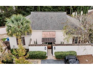 Aerial view showing home's location in a residential neighborhood near the beach at 11 Valencia Circle, Myrtle Beach, SC 29572