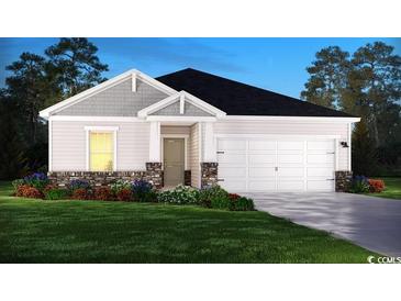 Charming single-Gathering home featuring stone accents, a two-car garage, and a well-manicured lawn at 7004 Watercress St, Myrtle Beach, SC 29579
