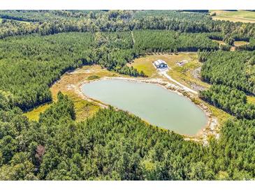 A lovely aerial view of a property with a pond surrounded by lush green trees at 7299 Cartrette Rd., Aynor, SC 29511