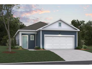 Charming home featuring a two-car garage, blue siding, and manicured landscaping at 4009 Braid Ct., Myrtle Beach, SC 29588