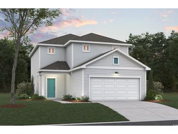 Two-story home featuring a two-car garage, light gray siding, a well-manicured lawn, and an inviting front door at 4009 Braid Ct., Myrtle Beach, SC 29588