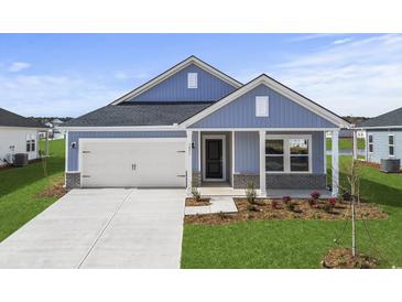 New single-story home with light blue siding, landscaping, and a two-car garage at 1231 Arizona Dr., Longs, SC 29568