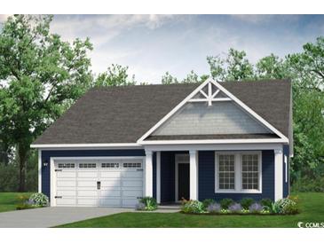 One-story home with a dark blue exterior, white garage door, and landscaping at 2204 Flatleaf Ct, Longs, SC 29568