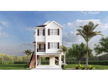 Two-story home with white siding, black accents, and a spacious front porch at 48 Furman Ln., Pawleys Island, SC 29585
