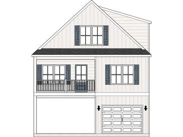 Two-story house with a garage and balcony. Light beige siding, dark blue shutters at 1712 26Th Ave. N, North Myrtle Beach, SC 29582