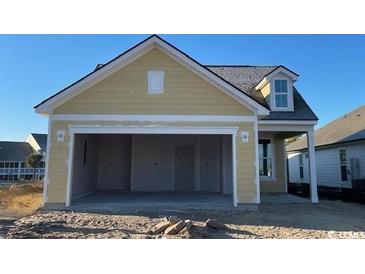 New construction home with a yellow exterior and a two-car garage at 1253 Lady Bird Way, North Myrtle Beach, SC 29582