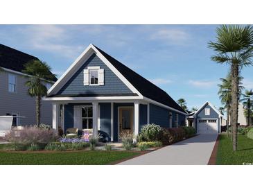 Charming craftsman style home with a blue exterior, white trim, and a landscaped front yard at 9117 Mabel Ct., Longs, SC 29568