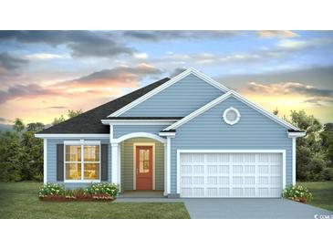 Charming one-story home with light blue siding, red door, and two-car garage at 700 Choctaw Dr., Conway, SC 29526