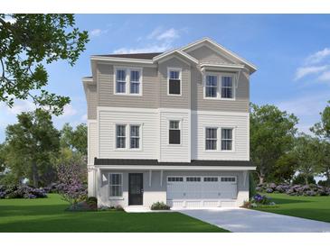 Beautiful new construction features light gray and white color palette, attached garage and manicured lawn at 301 Crossing Ct., Myrtle Beach, SC 29588