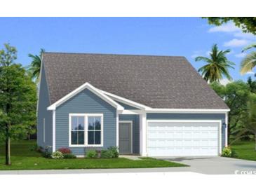 Charming single-story home with blue siding, a gray roof, manicured lawn, and attached garage at 125 Tbd Joyce Dr, Longs, SC 29568